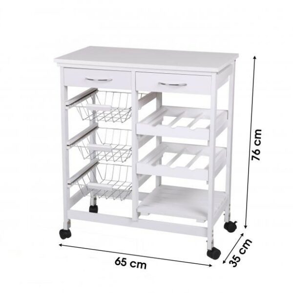 Desserte de Cuisine en Bois Double Couleur Blanc avec 2 Tiroirs 3 Paniers Métal