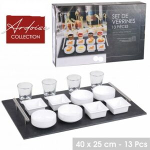 SET AMUSE BOUCHE 13 PCS 4 VERRINES 8 RAVIERS PORCELAINE 1PLAT ARDOISE