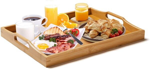 Plateau Petit Déjeuner en Bambou Grand Plateau de Service Pour Repas Avec Poignées Hapygood pas cher